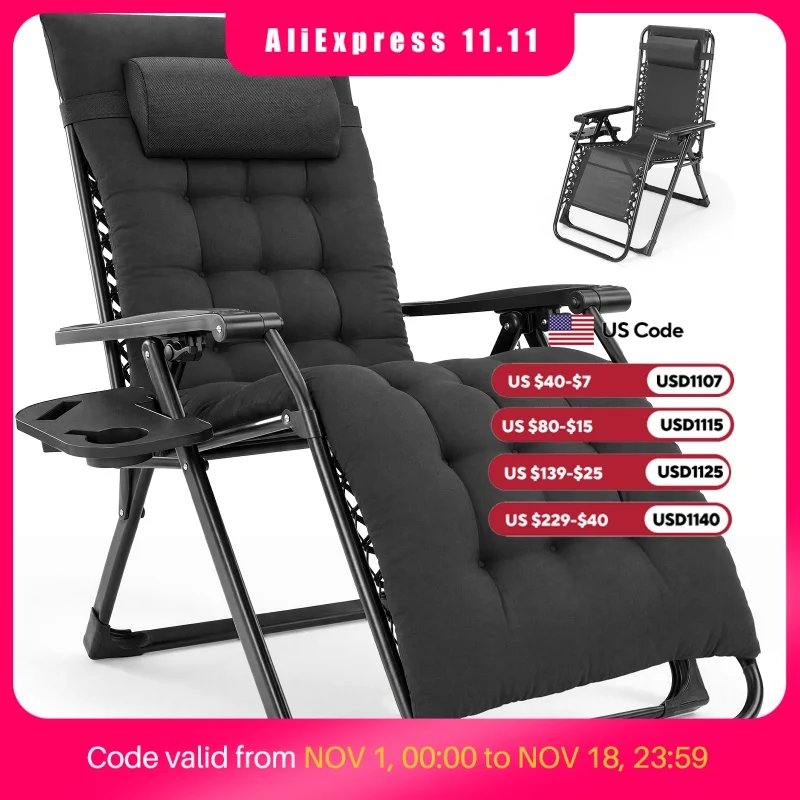 JHK Zero Gravity Recliner Camping Patio Lounge Chair Folding Portable with Cup Holder Trays Removable Cushion For Outdoor Garden