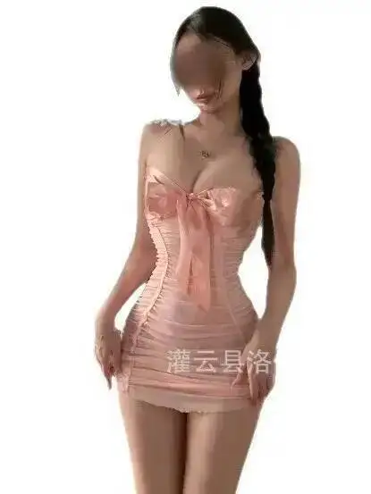 섹시 슬림 바디콘 드레스 우아한 순수한 욕망 유혹 시스루 주름 리본 보우 슬립웨어 핫 스위트 탱크 미니 드레스 VK1H