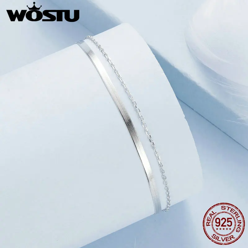 WOSTU 925 Sterling Silver Double Layer Flat Snake Chain Bracelet for Women Stackable Party Bracelets Punk Gift Female Jewelry