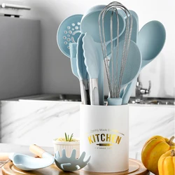 Hot Food Grade Blue Silicone Kitchen Cooking Utensils Spatula Spoon Wooden Handle Practical Cooking Tool Kitchenware Gadgets