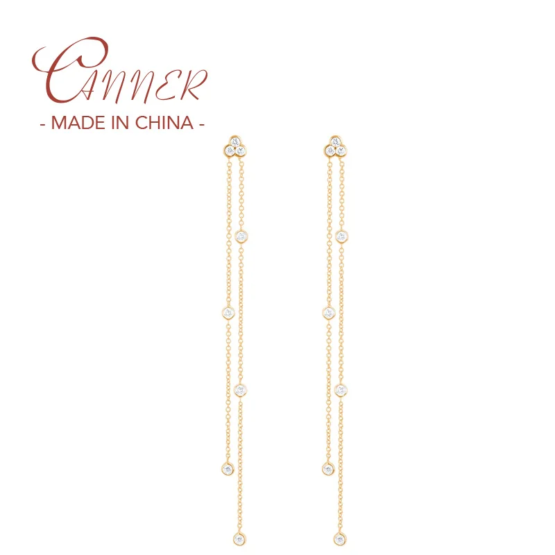 CANNER Pendientes بلاتا 925 طويل أقراط للأذن على شكل سلسلة فاخرة 925 فضة بلينغ الزركون شرابة انخفاض القرط غرامة مجوهرات هدية