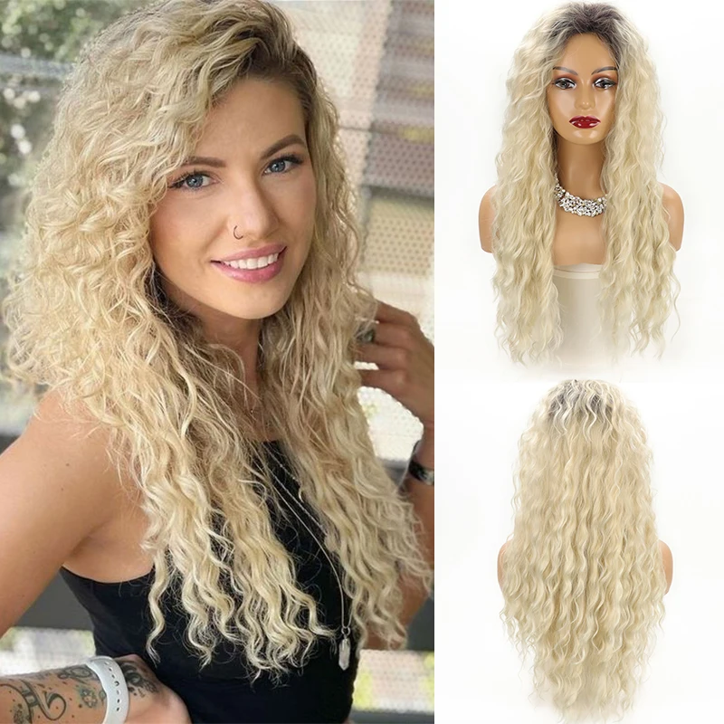 Long Curly Wig Ombre Blonde Fluffy Curly Hair Wigs for Women Ginger Natural Synthetic Curly Wave Cosplay Wig High Temperature