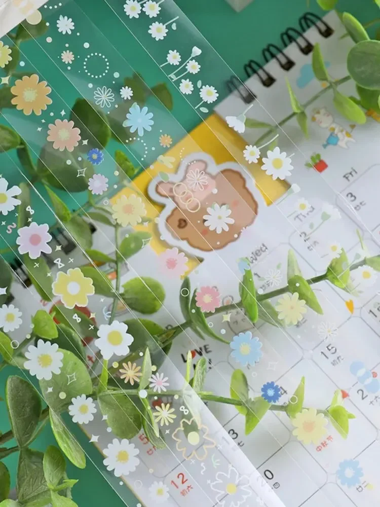 5 Rolls Transparent Decorative Tape PET Waterproof Self-Adhesive Flower Daisy Pattern Decorative Masking Sticker Clear Tape