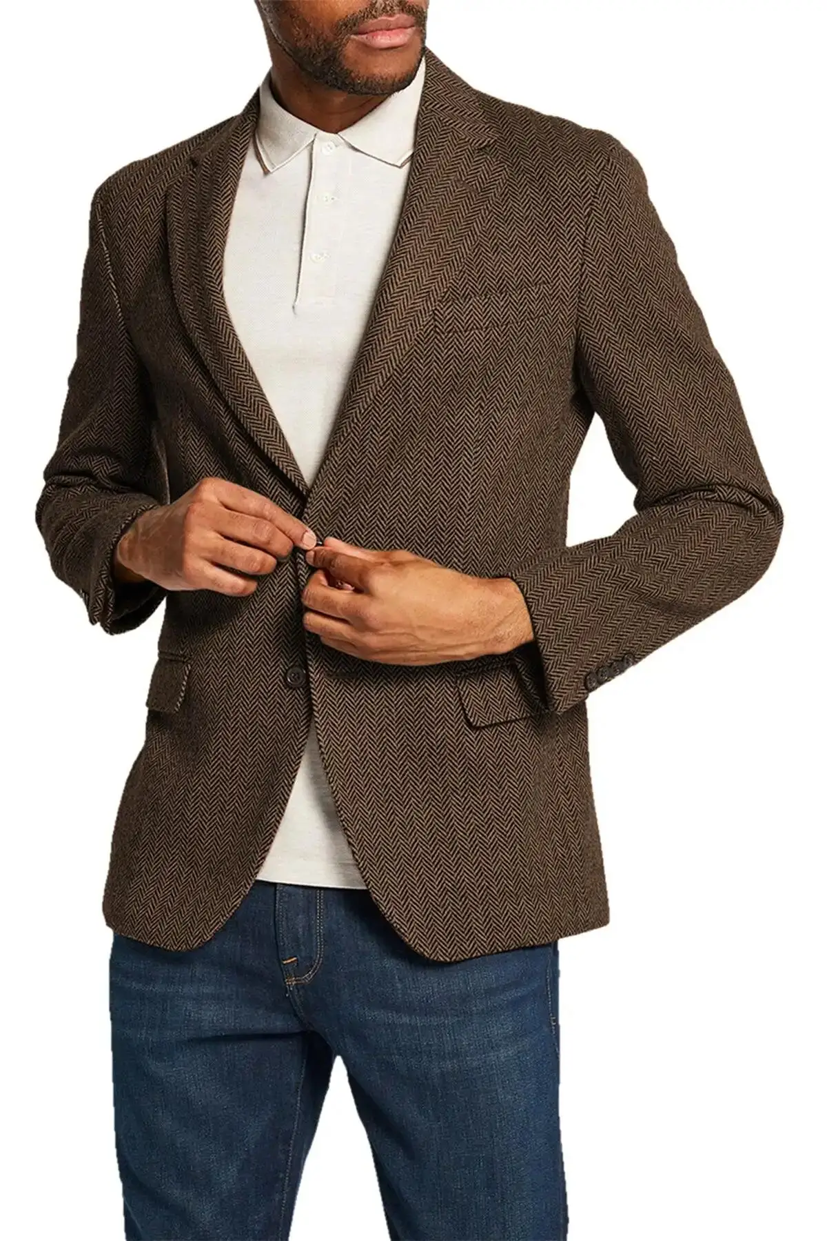 

Brown/Gray Men's Herringbone Tweed Blazer Notch Lapel Jacket 2 Buttons Casual Coat Wedding Business Groomsmen Prom Party Jackets