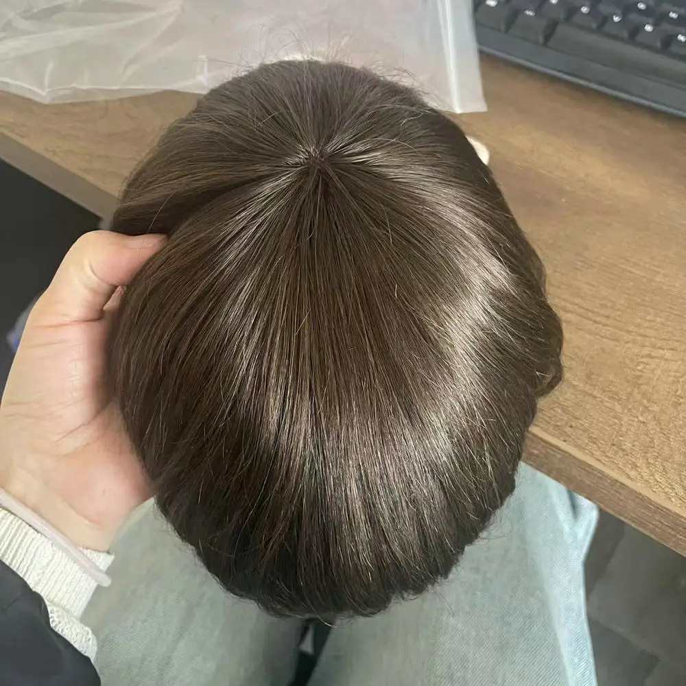 Natürliches Echthaar-Toupet, super langlebig, feines Mono-PU, männliche Haarprothese, unsichtbares Haarersatzsystem für Männer, Herrenperücken – Detail 8