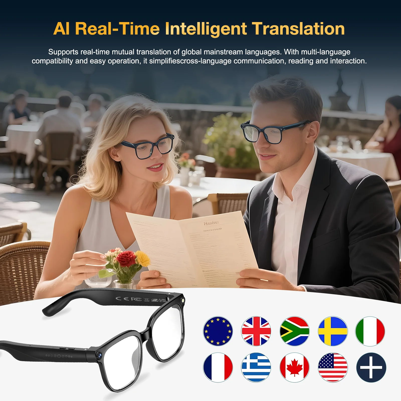 800W KI-Kamera Smart-Brille Echtzeit-Übersetzung Chat 1080P Videoaufnahme IP65 Wasserdicht 41g Ultraleicht