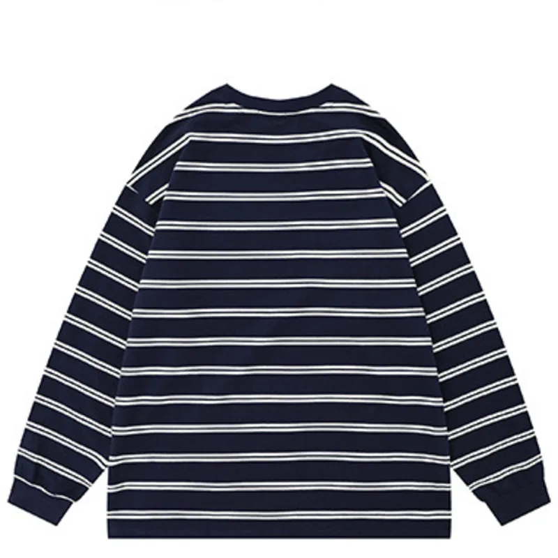 Retro Japanese striped T-shirt men's and women's long sleeved spring and autumn thin style basic versatile pullover base shirt