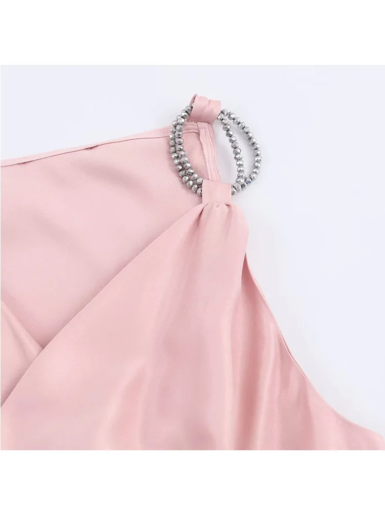 Vrouwen Satijn Halter Top 2025, Vrouwen Nieuwe Mode Mouwloze Rimpel V-hals Metalen Ketting Halter Top Vrouwen Sexy Elegant Vest