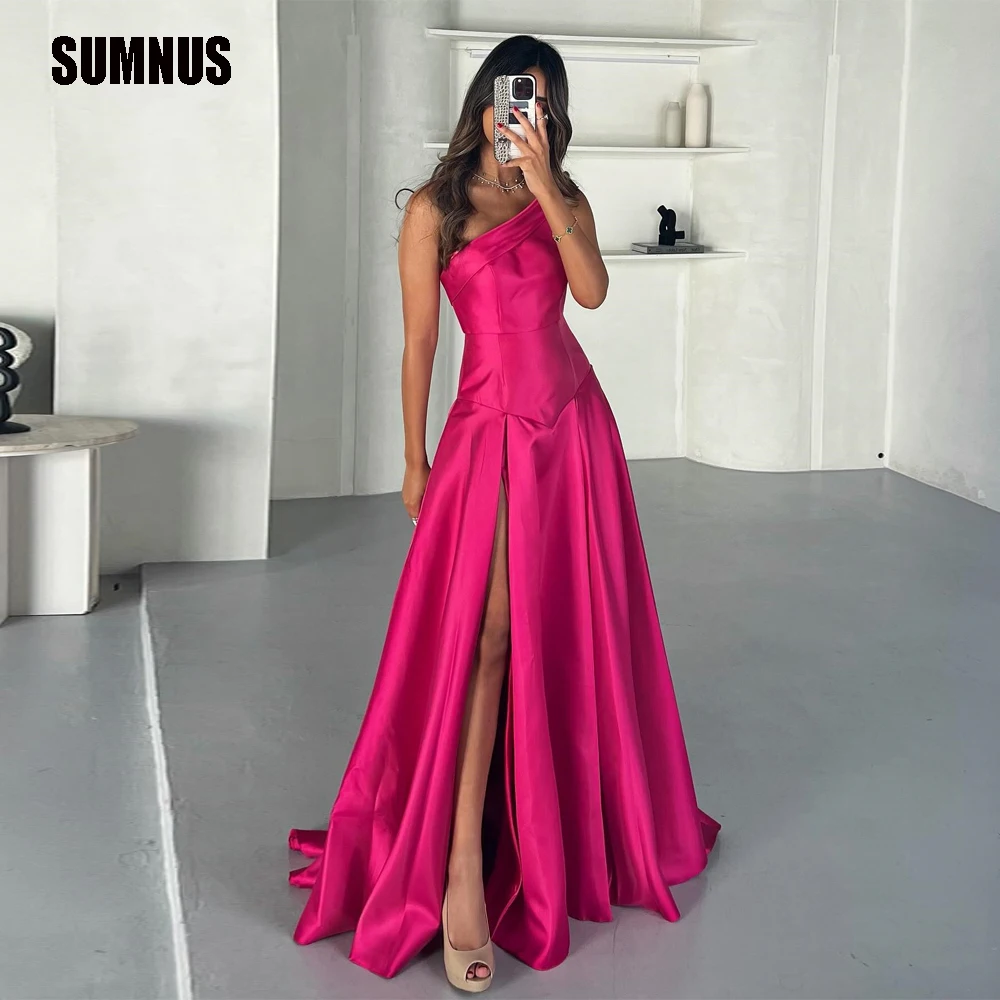 SUMNUS Fuschia 새틴 공주 이브닝 원피스 긴 A 라인 원숄더 민소매 바닥 길이, 우아한 파티 무도회 가운, 맞춤형