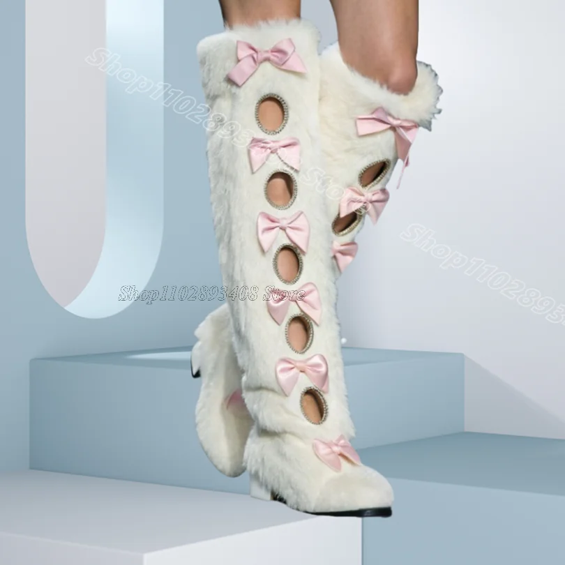 

White Heart Shape Ring Boots Round Toe Fur Decor Solid Sweet Style Design for Women Chunky Heels Boots 2025 Zapatos Para Mujere
