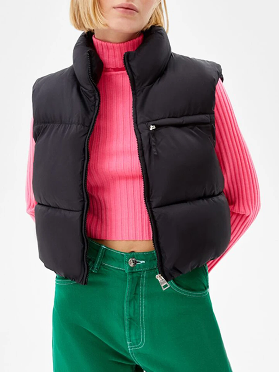 Fashion Women Cropped Puffer Vest Warm Solid Color Lightweight Sleeveless Zipper Down Jacket for Winter Outwear Streetwear