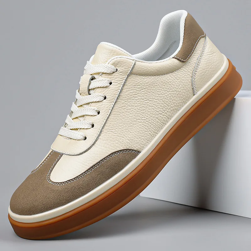 New Shoes for Men Cow Leather Casual Shoes Street Fashion Flat Skateboard Shoes Lace-up Sneakers