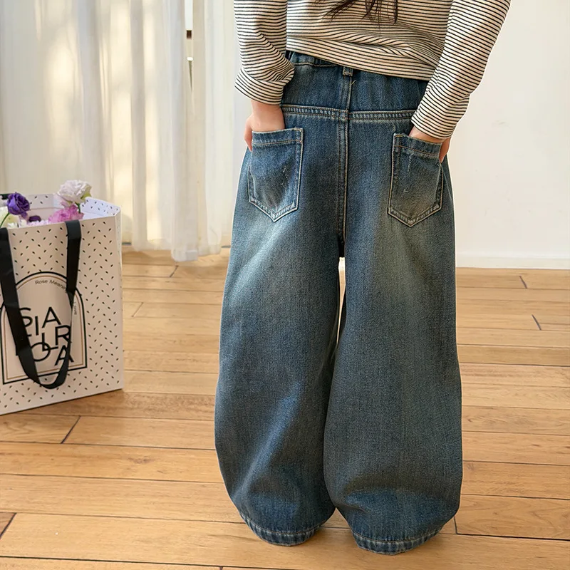 

2025 New Autumn Fashion Children's Thickened Warm Composite Comfortable Casual Retro Distressed Ripped Jeans Boutique Clothing