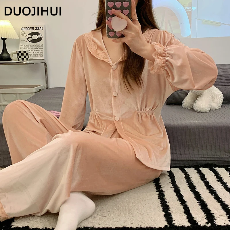 

DUOJIHUI Solid Color Two Piece Casual Pajamas for Women Autumn Slim Waist Cardigans Basic Pants Fashion Loose Female Pajamas Set