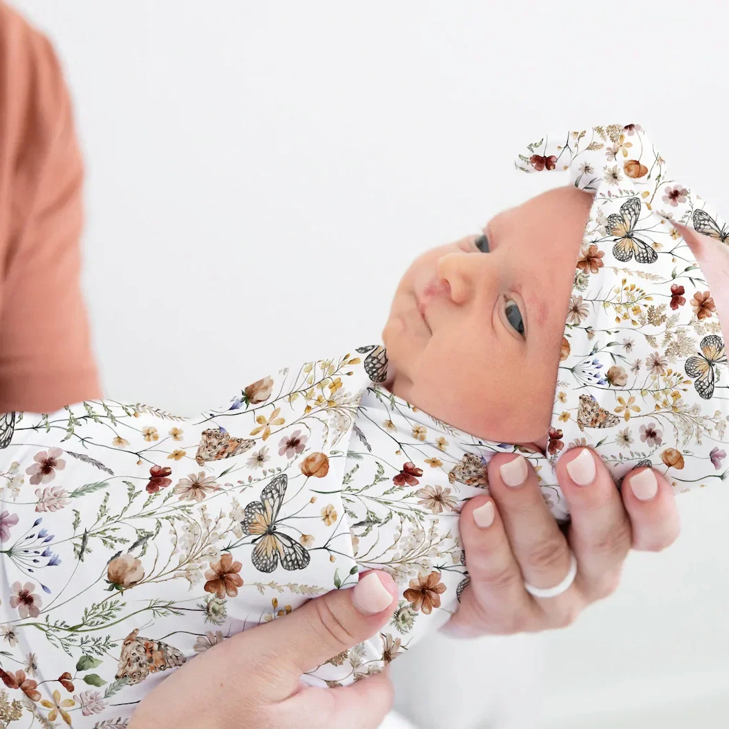 Baby Swaddle Blankets Newborn Hat Headband Wrap Blanket Set Soft Breathable Swaddling Cloths for Baby Shower Photography Props