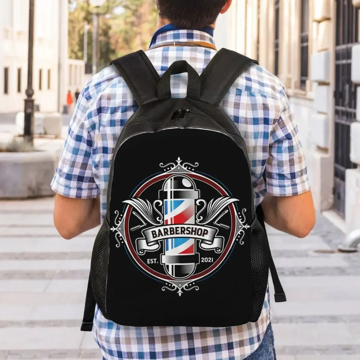 Retro Barbershop Backpacks for Men Women Water Resistant College School Barber Shop Bag Printing Bookbags