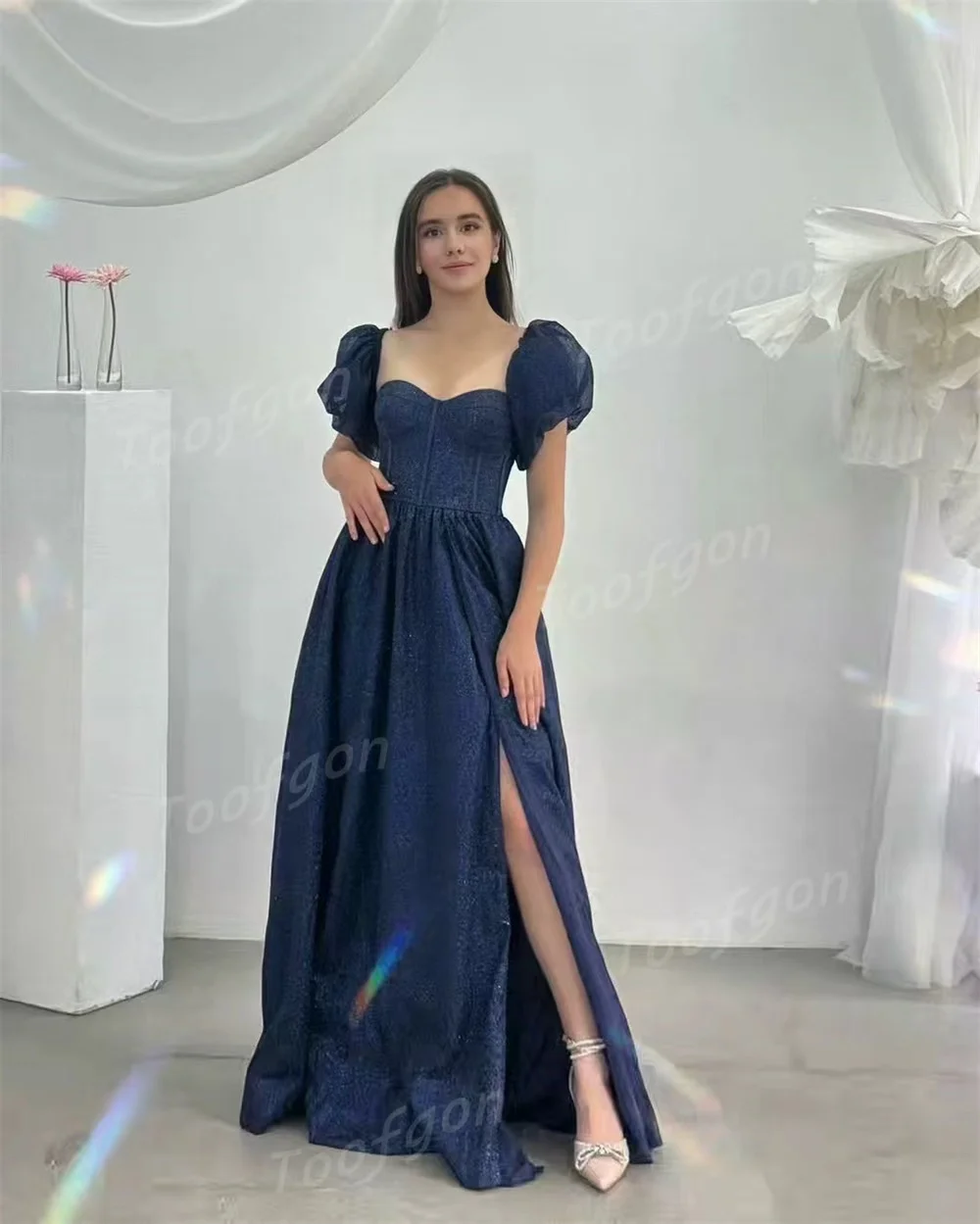 Toofgon Sweetheart-vestidos de fiesta de tul brillantes, manga corta, abertura lateral alta, línea A, azul marino, vestido de fiesta de noche árabe personalizado