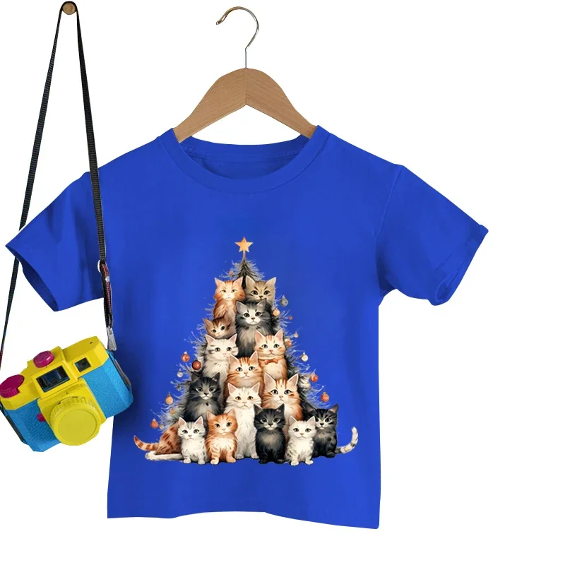 Christmas Cat Tree Print Children T-Shirt Kawaii Animal Kids Cartoon Tshirt Xmas Short Sleeve Clothes Girl Boy Tee Shirts Tops