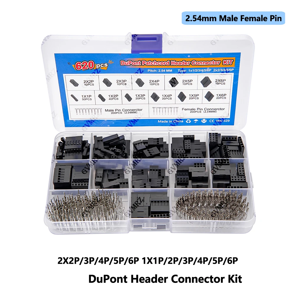 Kit de connecteurs DuPont 620 pièces, 2,54 mm, mâle et femelle, pour projets électroniques DIY, 2x2P/3P/4P/5P/6P