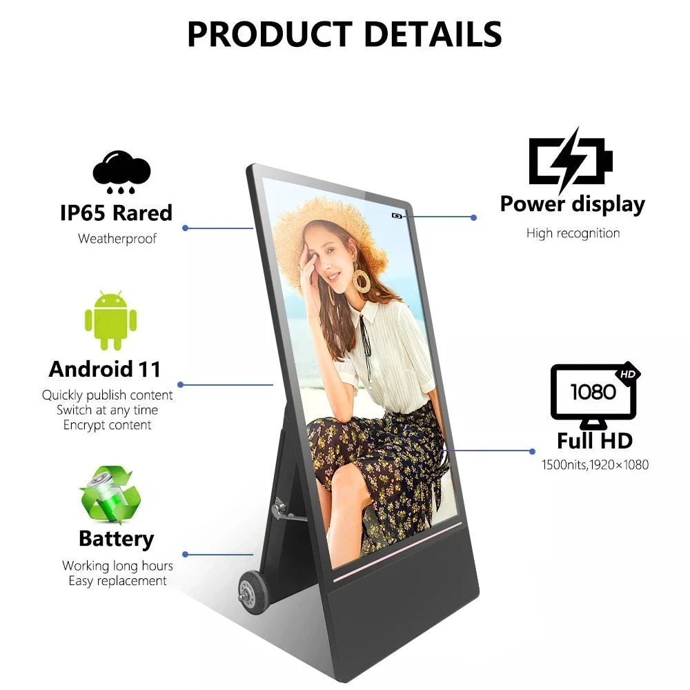 Factory 43 Inch Outdoor Portable Battery Powered Kiosk Removable LCD Advertising Digital Signage Display Screen for Restaurant