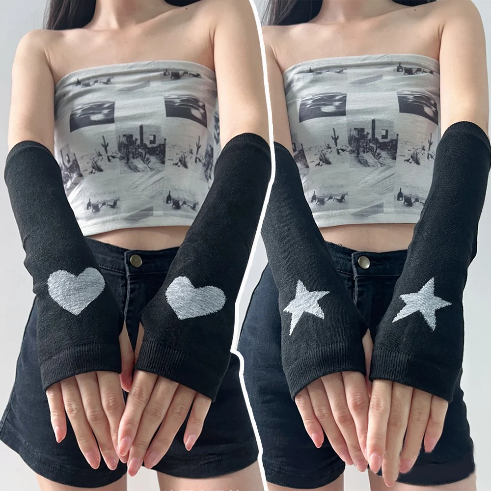 

Glove Sleeves Exposed Fingers Y2k Star Love Heart Pattern Fingerless Gloves Party Costume Arm Covers Girls Punk Arm Protection