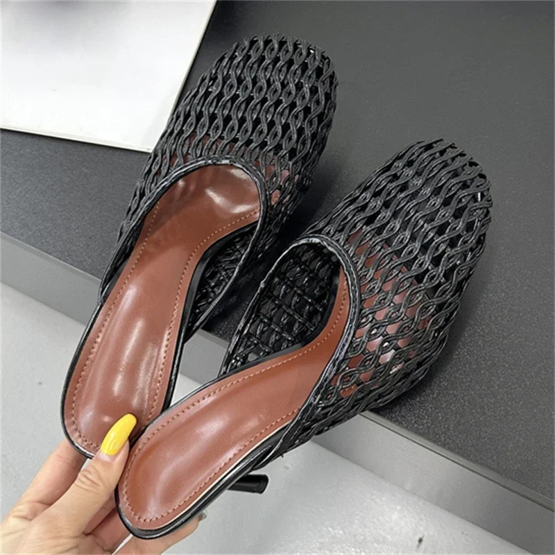 Eilyken Summer Hollow Out Breathable Mesh Weaving Women Slippers Fashion Thin Heels Party Dress Mule Shoes Large Size 43 image 4