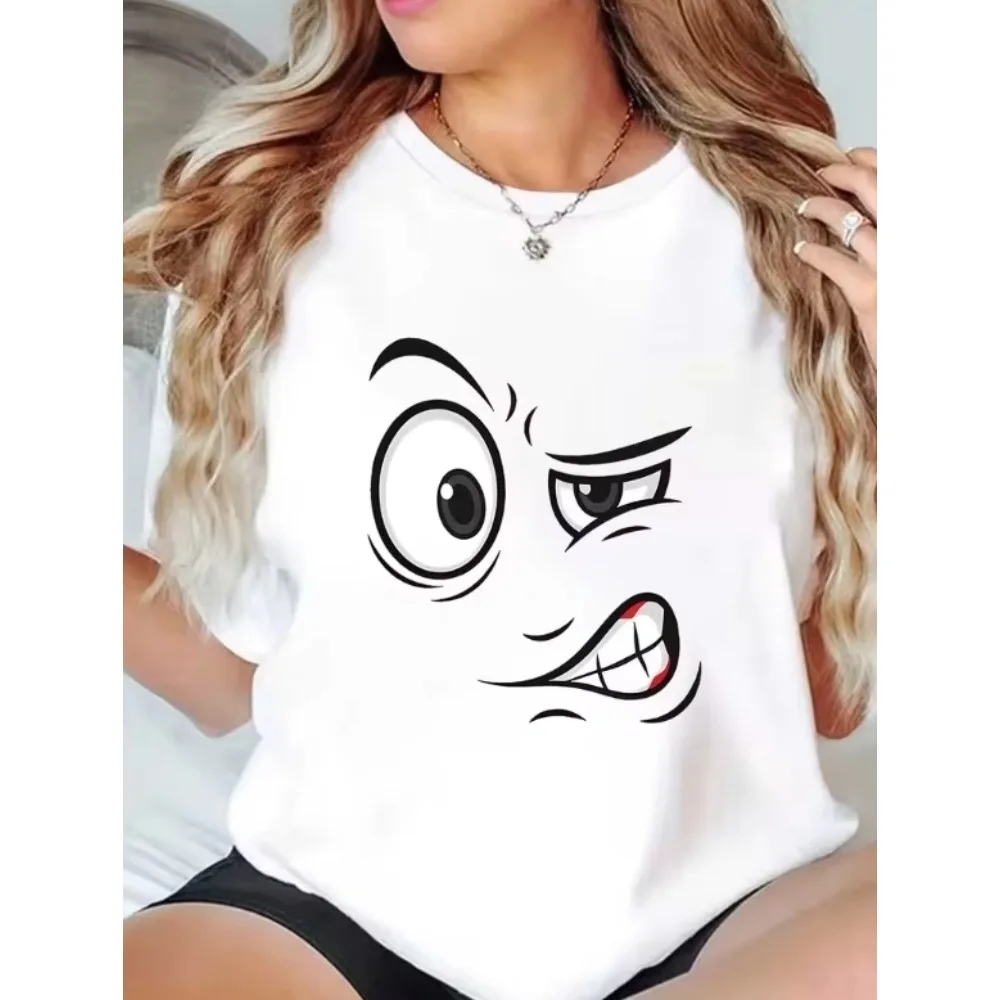 Funny Grumpy Cartoon Face T-Shirt Sarcastic Angry Expression Print Casual Crewneck Short Sleeve Minimalist Line Art Shirt