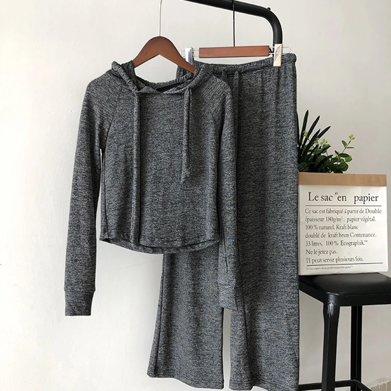 

Women Pajama Sets Solid Leisure Fashion With Hat Hoodies Wide Leg Pants Simple Elastic Waist Lounge Wear Comfortable Female Soft