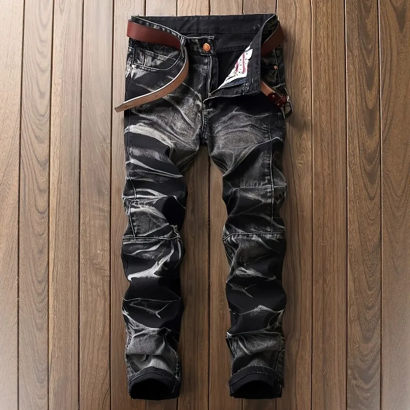 Men Vintage Black Grey Crinkled Wash Patchwork Jeans Distressed Stacked Slim Denim Trousers