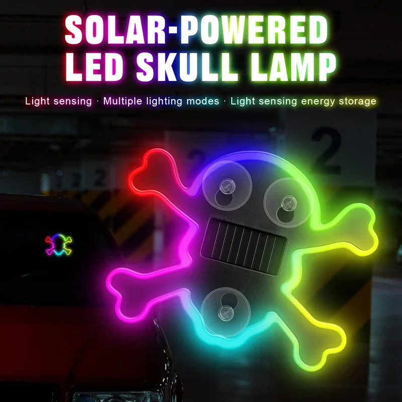 Halloween Decorations Light LED Solar Powered Skull Head Neon Light Rear Car Window Interior Decoration Atmosphere Light