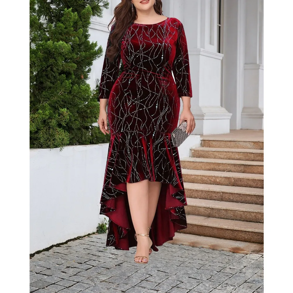 

2023 Velvet Hot Silver Irregular Hem Long Cropped Sleeve Plus Size Dress