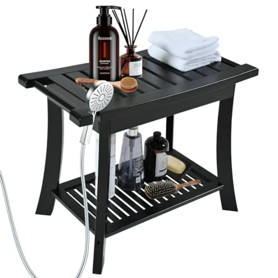 

Black Bamboo Shower Bench for Inside Shower with Storage Shelf Bathroom Shower Stool for Adults Shaving Legs Spa Bathroom Bench