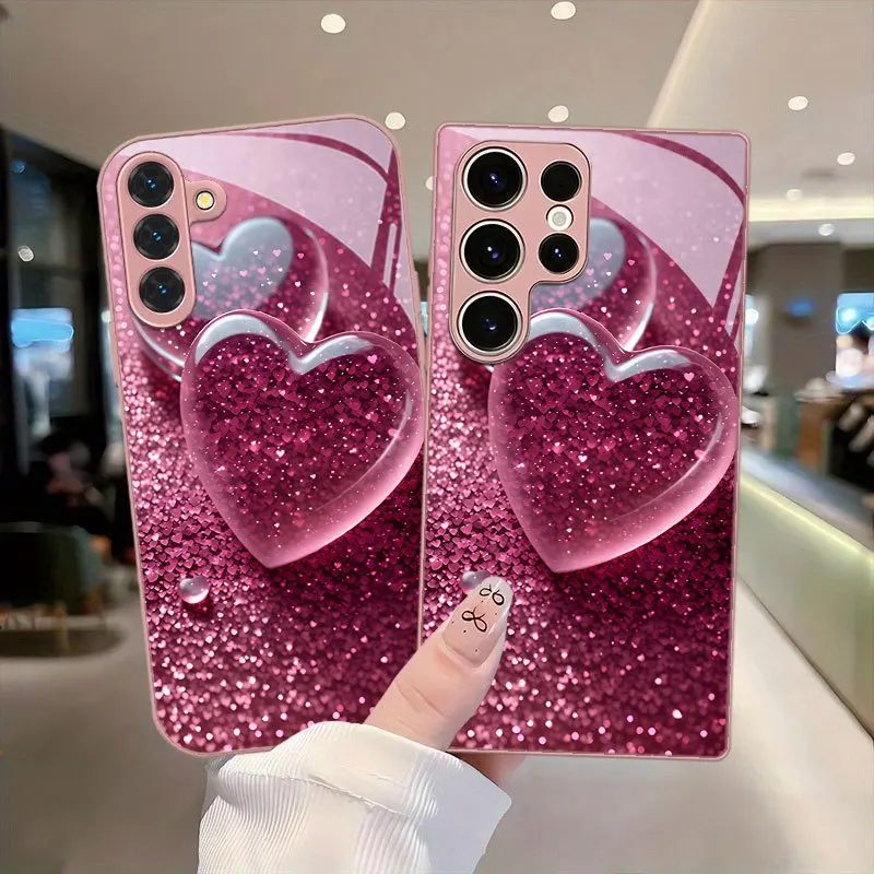 Heart shaped sequin pattern glass phone case suitable for Samsung Galaxy S26 S25 S24 S23 S22 S21 S20 FE/Ultra/Plus anti drop