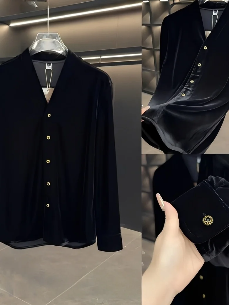 

Men's Velvet irt Slim Fit Comfortable Sli Korean Version Faionable Versatile Trendy Simple V-ne Long Sve Autumn