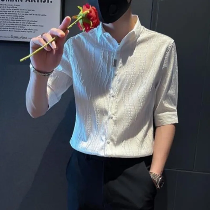 Men's Versatile Menswear Summer Trendy Half Sleeve Complete Two Piece Shirt Set for Daily Wear view 2