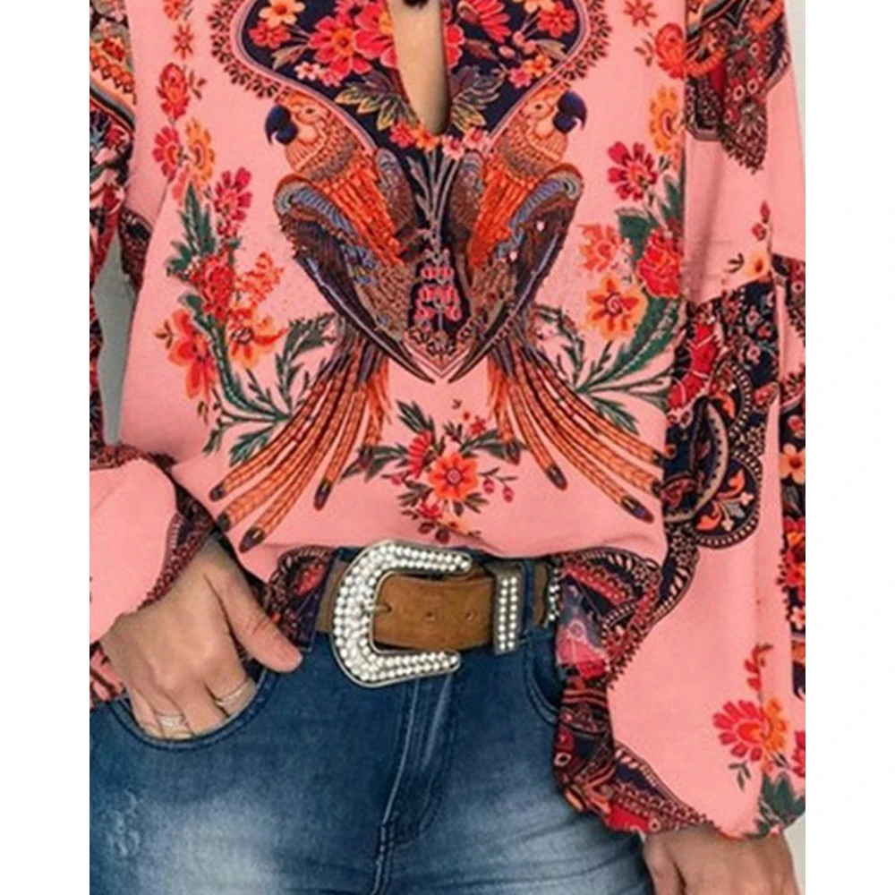 Women Floral Ethnic Print Tassel Design Top V Cutout Lantern Sleeve Blouse Spring Fashion Summer Femme Casual Shirts Streetwear