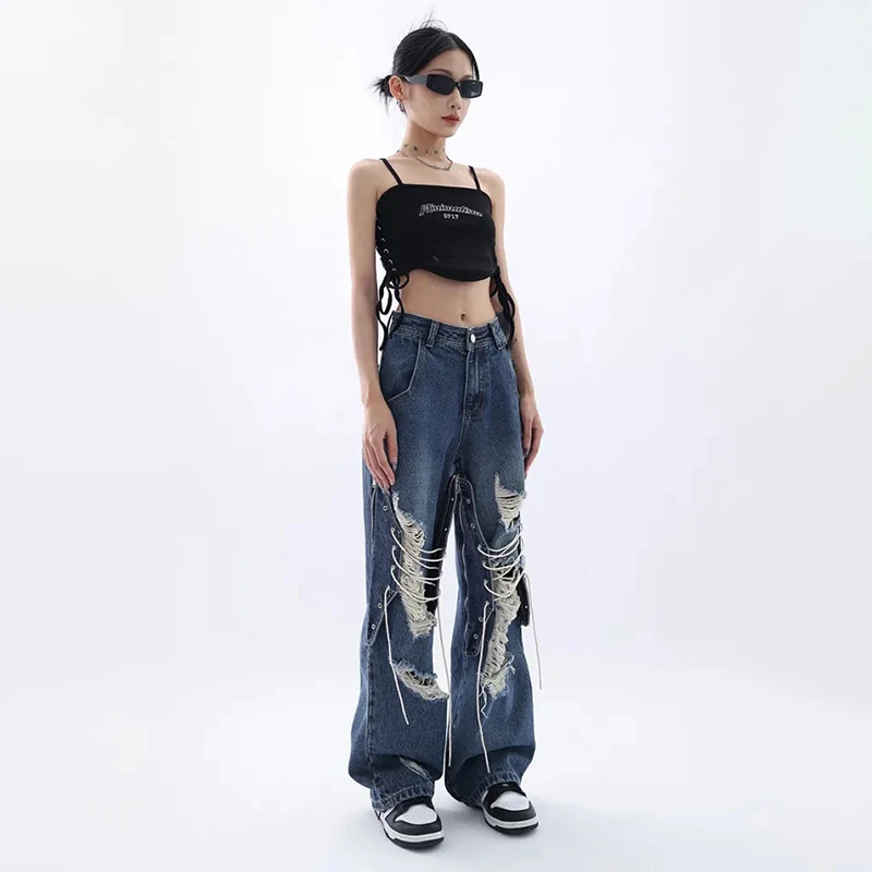 

Ripped Splice Binding Y2K Baggy Jeans Women Vintage American Style High Waist Straight Trousers StreetWear Wide Leg Denim Pants