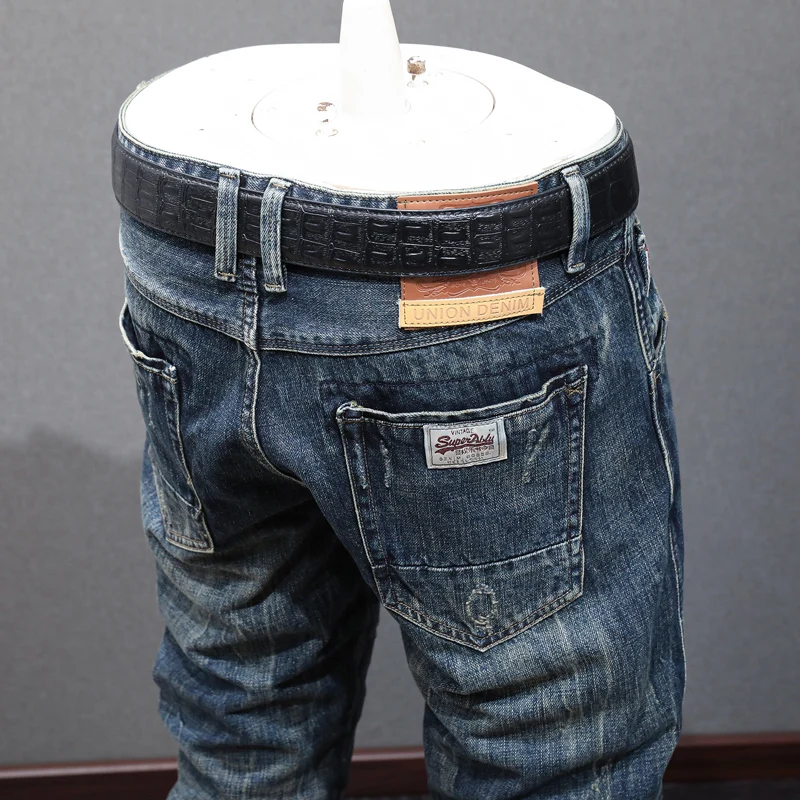 Japanese Style Fashion Men Jeans High Quality Retro Dark Blue Straight Slim Ripped Jeans Men Vintage Designer Denim Pants Hombre
