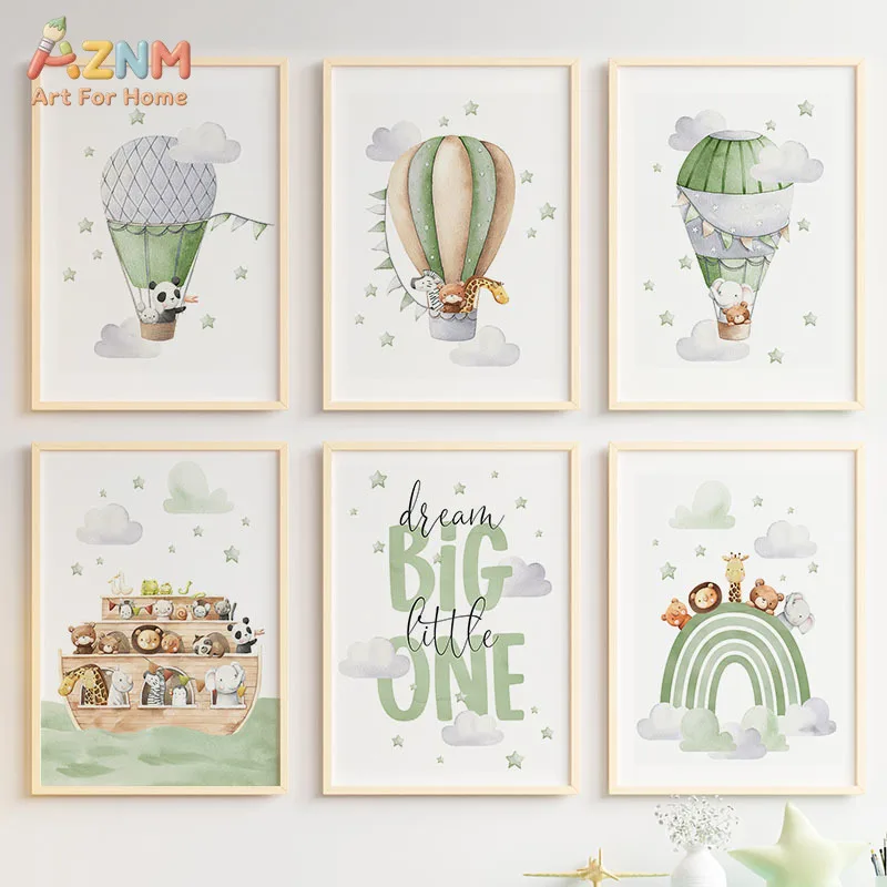 AZNM Sage Green Watercolor Animal Canvas Print Hot Air Balloon Noah's Ark Rainbow Dream Big Quote Soft Baby Nursery Unframed Wal