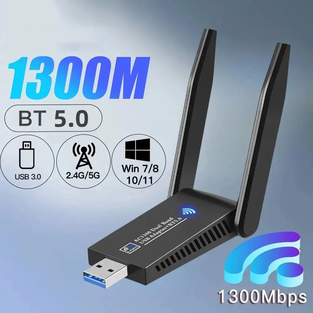 Placa de rede sem fio para PC, WiFi 6 Adaptador, Dual Band, USB 3.0, LAN Ethernet, Dongle, Bluetooth 5.0, 1300Mbps, 2.4G, 5G