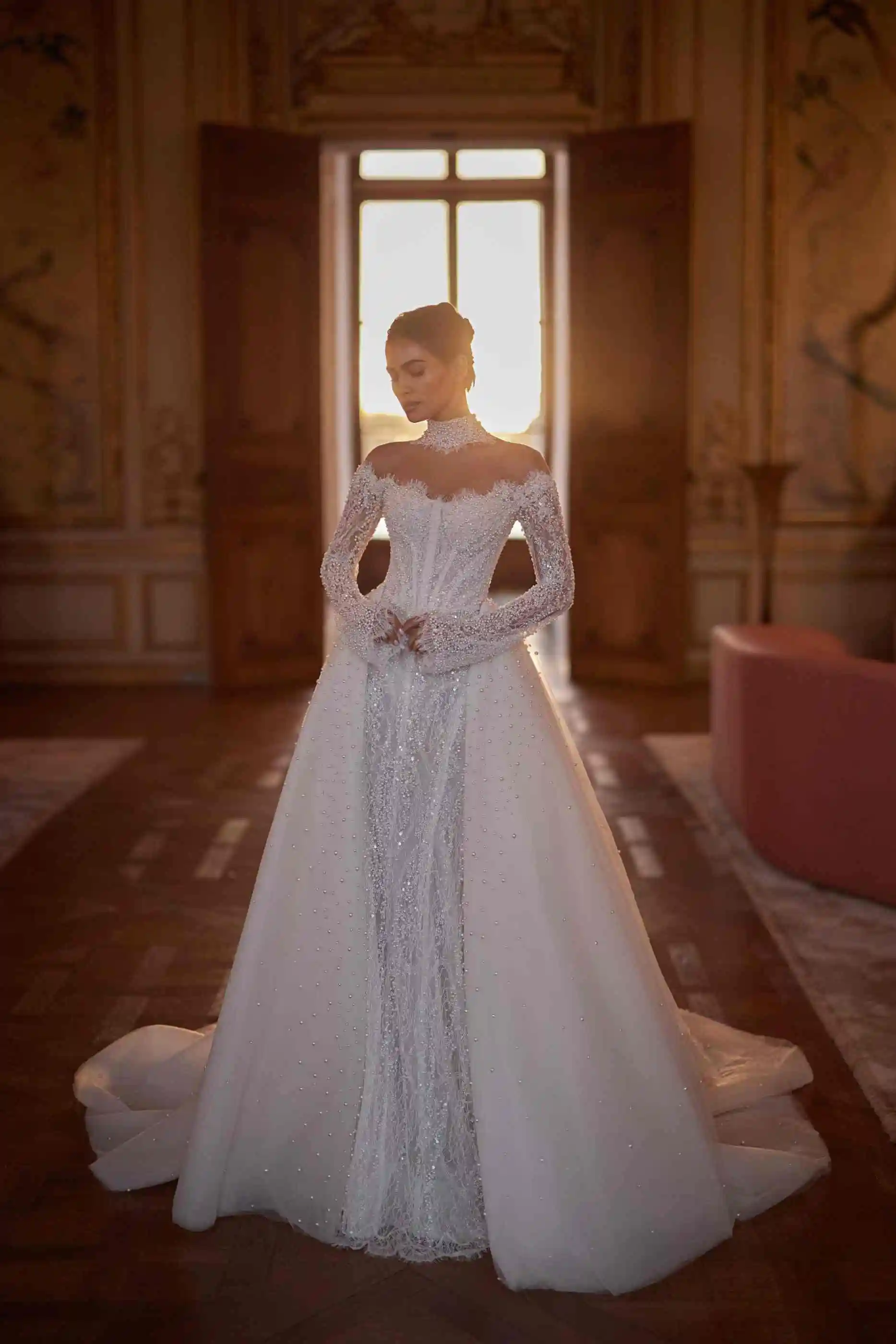 Elegant Mermaid Wedding Dresses Sequins Full Sleeve Detachable Train Lace High Quality Bridal Gowns Plus Size Customized