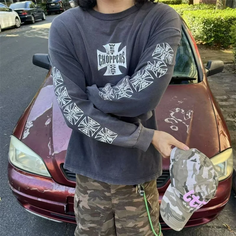 25FW Patterned Print West Coast Choppers Long Sleeve T-Shirt Vintage Washed Black Loose Long Sleeve