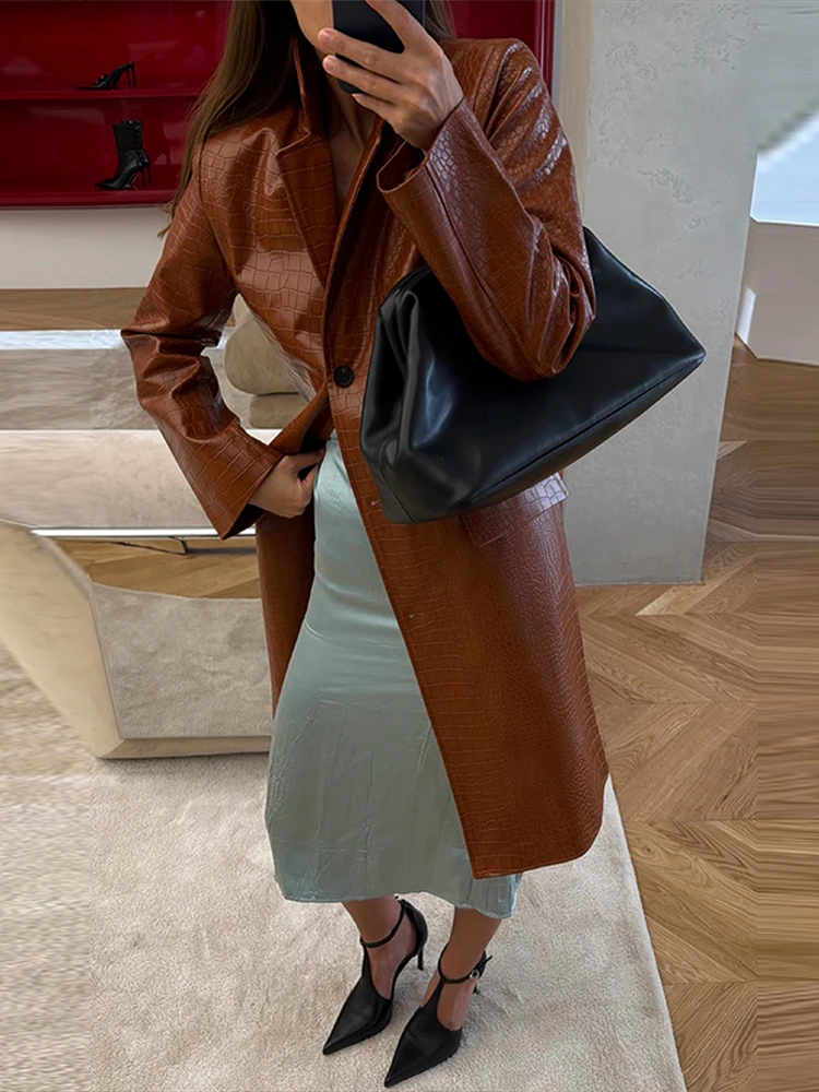 Fashion Loose Solid Pu Leather Coat Women Full Sleeve Lapel Single Breasted Long Coats Female 2026 Autumn Winter Outwear Lady