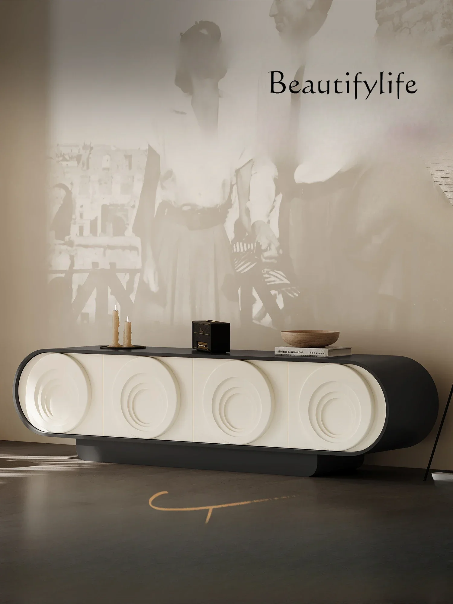 

Z.TV cabinet floor solid wood cream style modern simple Italian minimalist living room home black retro