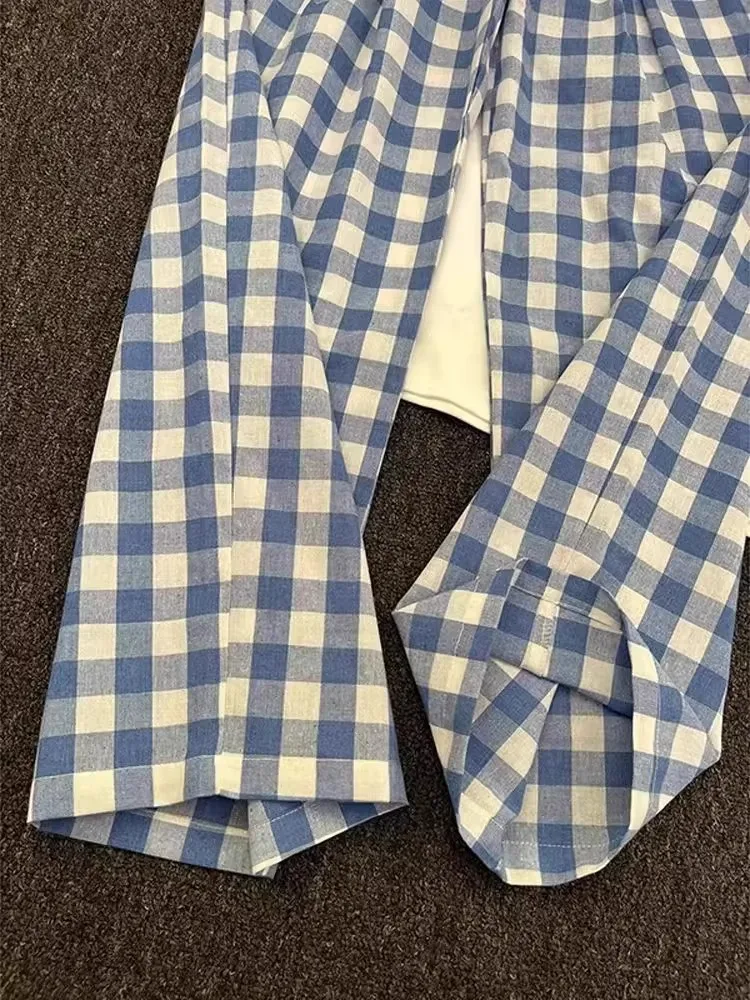 

Blue Plaid Loose Straight Leg Pants Qui Dry Lightweight Summer Casual Trousers for Men And Women Breathable Comfortable