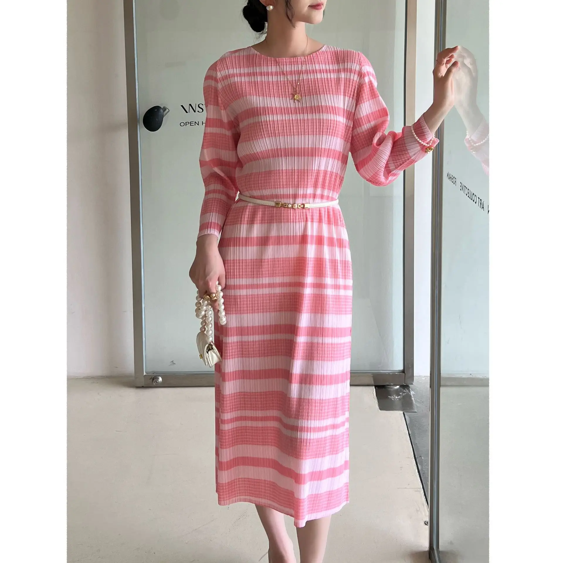 

Miyake Pleated 2026 Spring/Summer Korean-Style New Arrival Casual Crew Neck Fashionable Elegant Comfortable Pleated Dress Pleat