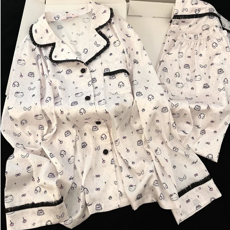 

Sanrio Hello Kitty Women's Pajamas 2 Piece Sets Kawaii Cartoon School Sleepwear Autumn Long Sleeve Pant Nightwear Home Clothes