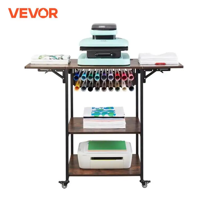 VEVOR Mesa de Prensa de Calor de 3 niveles, Soporte de Máquina de Transferencia de Calor Plegable con Ruedas y Soporte para Rollo de Vinilo, Banco de Trabajo Plegable de Metal Rodante, Marrón