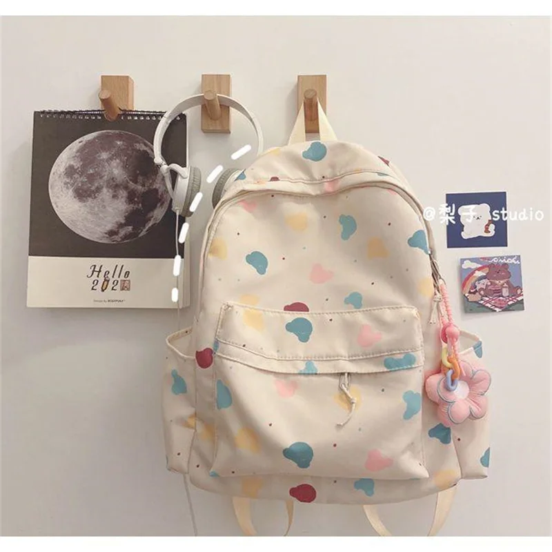 Girls Cute Print Large Capacity Preppy Backpack, Nylon Lightweight School Campus Daypack, Fashion Kawaii Travel Commuter Bag