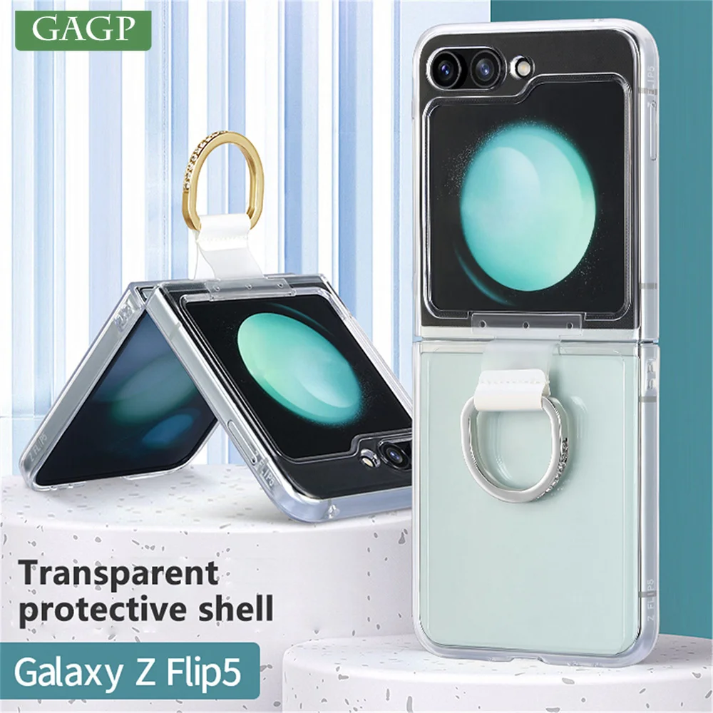 Original Diamond Ring Holder Transparent Case for Samsung Galaxy Z Flip 6 5 TPU Clear Matte Back Cover for Samsung Z Flip6 5